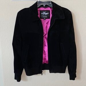 Wilsons Maxima Black Leather/Suede Bomber Jacket with Pink Lining Size M